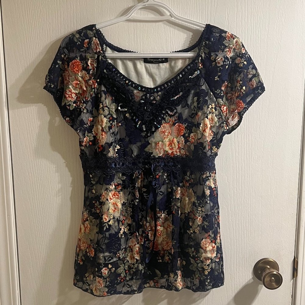 Women's blouse, Temptation Italy, Dark blue, floral, sparkly, Medium